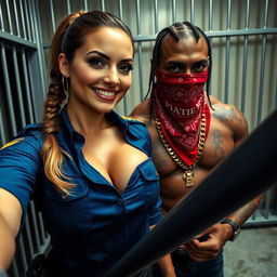 Close-up selfie view featuring a gorgeous police officer with a brunette ponytail and a smug smile