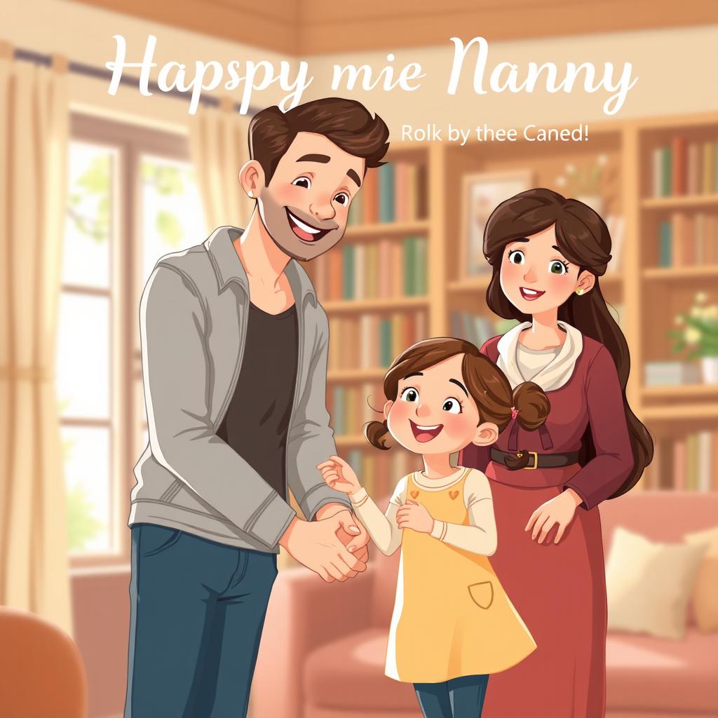 a heartwarming book cover illustration featuring a father, his daughter, and a nanny