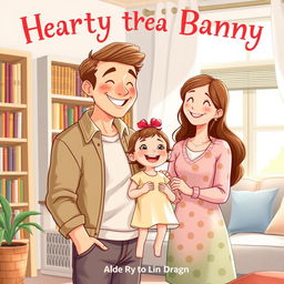 a heartwarming book cover illustration featuring a father, his daughter, and a nanny