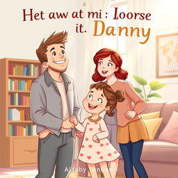 a heartwarming book cover illustration featuring a father, his daughter, and a nanny