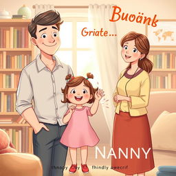 a heartwarming book cover illustration featuring a father, his daughter, and a nanny