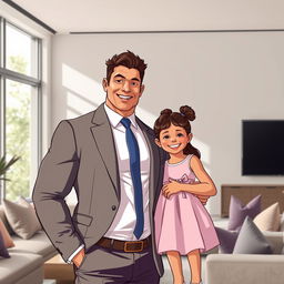 a realistic book cover illustration featuring a muscular and youthful father who is portrayed as a successful businessman