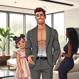 a realistic book cover illustration featuring a muscular and youthful father who is portrayed as a successful businessman