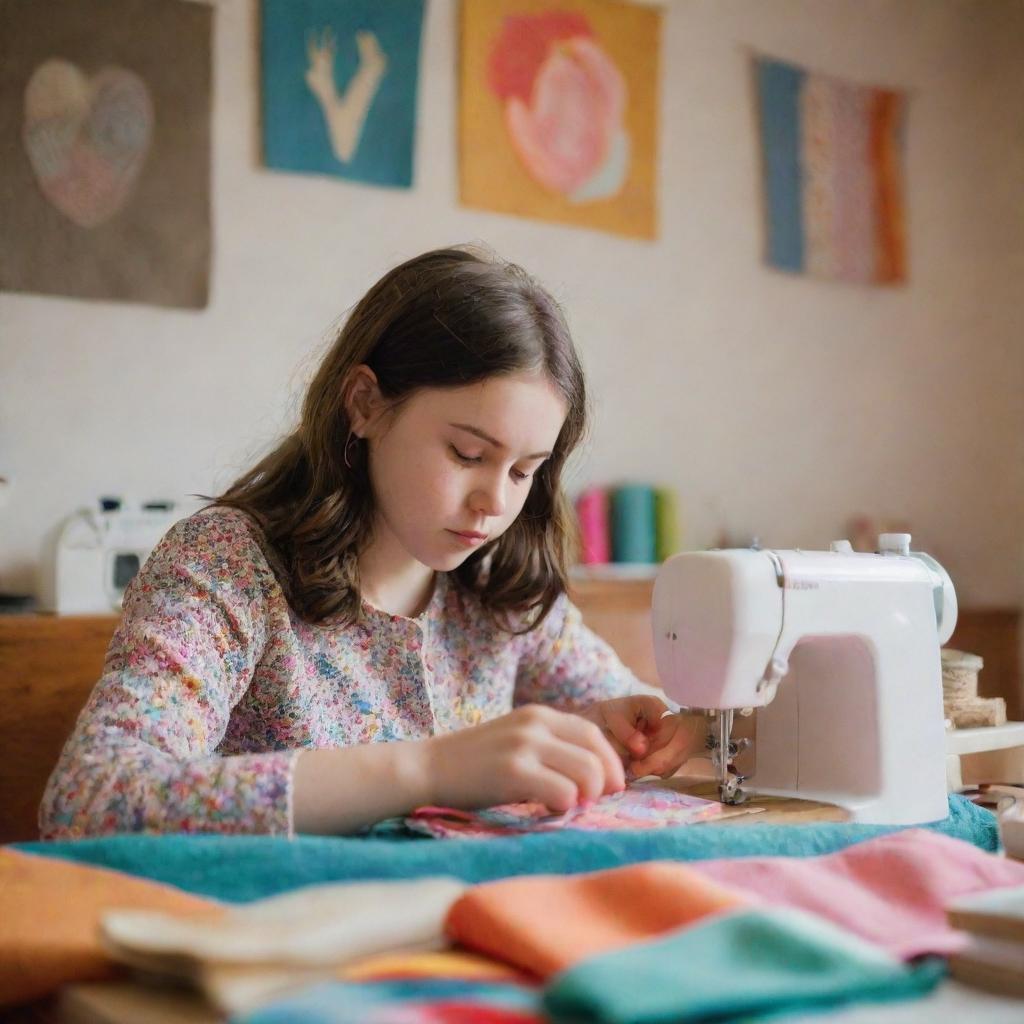 A young girl diligently sewing a piece of colorful fabric, her face concentrating, in a warmly lit, cozy room surrounded by various sewing tools and materials.