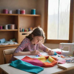 A young girl diligently sewing a piece of colorful fabric, her face concentrating, in a warmly lit, cozy room surrounded by various sewing tools and materials.