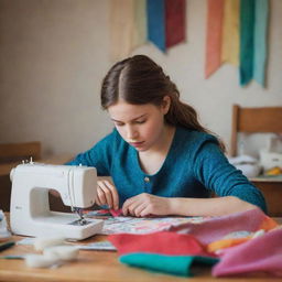 A young girl diligently sewing a piece of colorful fabric, her face concentrating, in a warmly lit, cozy room surrounded by various sewing tools and materials.