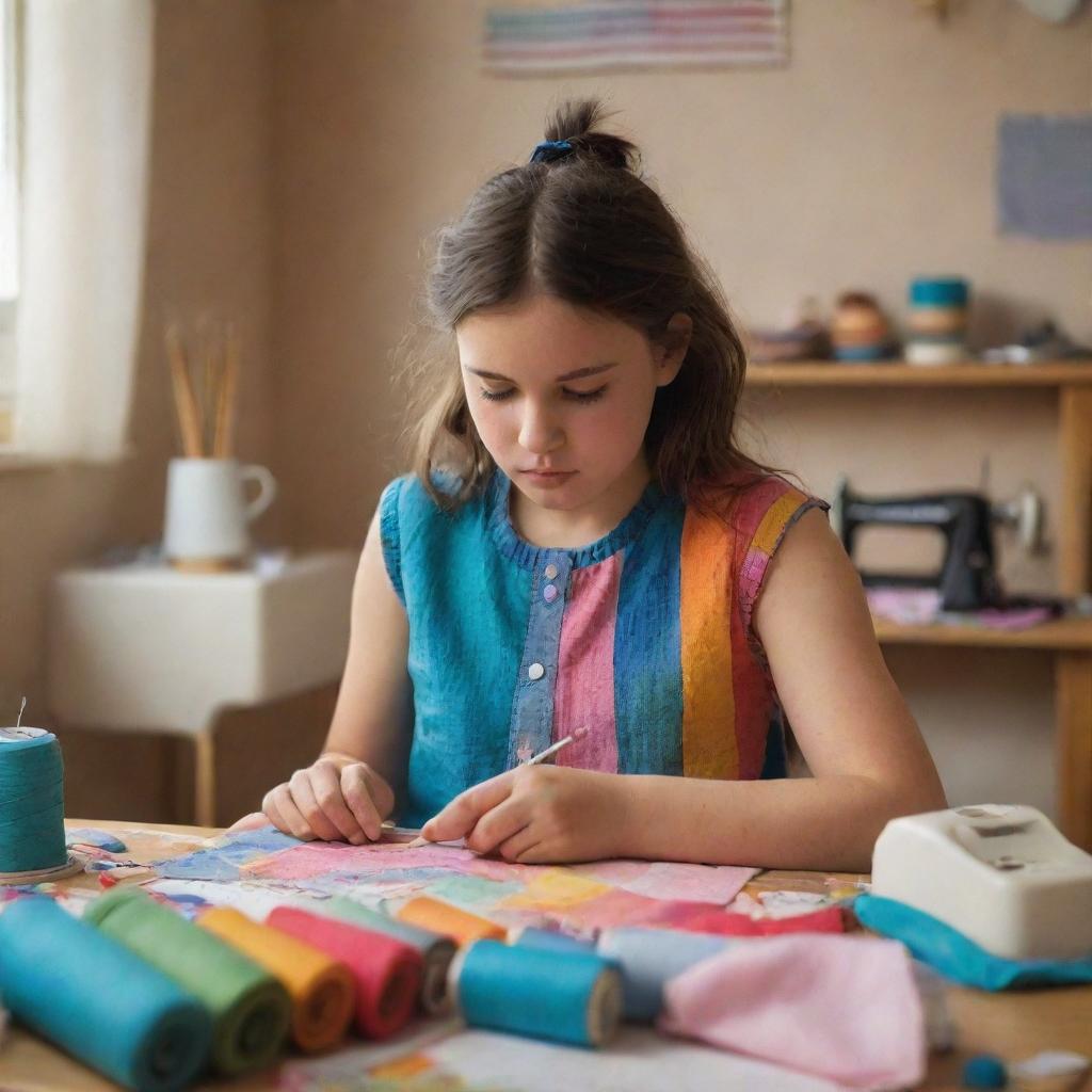 A young girl diligently sewing a piece of colorful fabric, her face concentrating, in a warmly lit, cozy room surrounded by various sewing tools and materials.