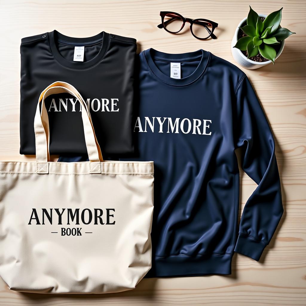 A flat lay featuring a black t-shirt and a navy blue long-sleeve sweater for both men and women, along with a cream canvas tote bag