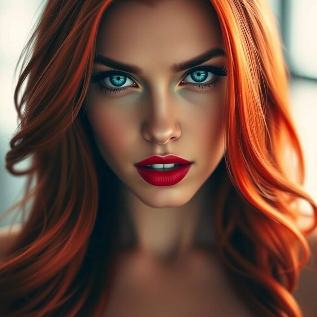 A stunning and alluring woman with vibrant red hair cascading down her shoulders