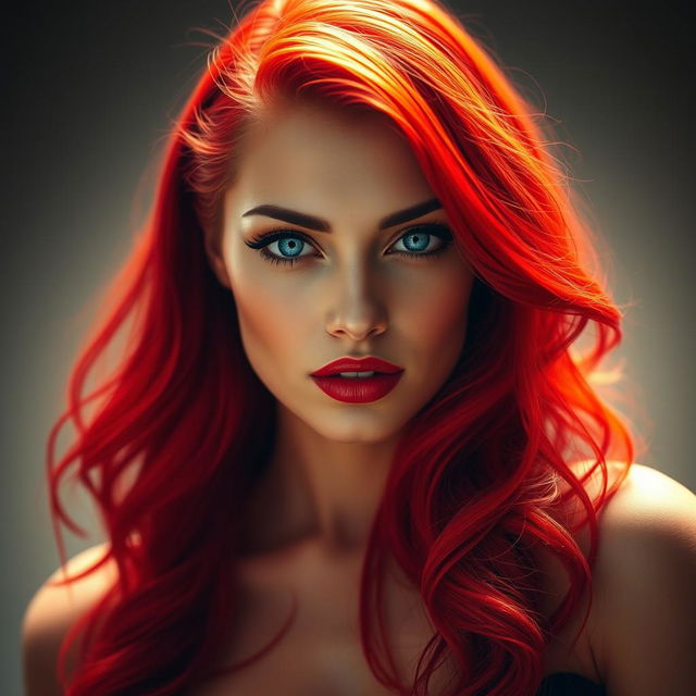 A stunning and alluring woman with vibrant red hair cascading down her shoulders