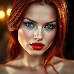 A stunning and alluring woman with vibrant red hair cascading down her shoulders