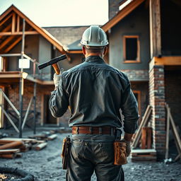 A man viewed from behind, holding a hammer, standing at a construction site