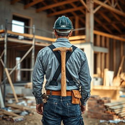 A man viewed from behind, holding a hammer, standing at a construction site