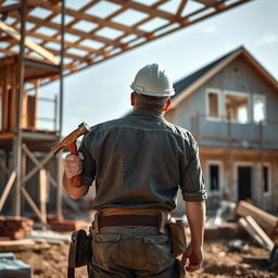 A man viewed from behind, holding a hammer, standing at a construction site