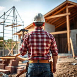 A man viewed from behind, holding a hammer, standing at a construction site