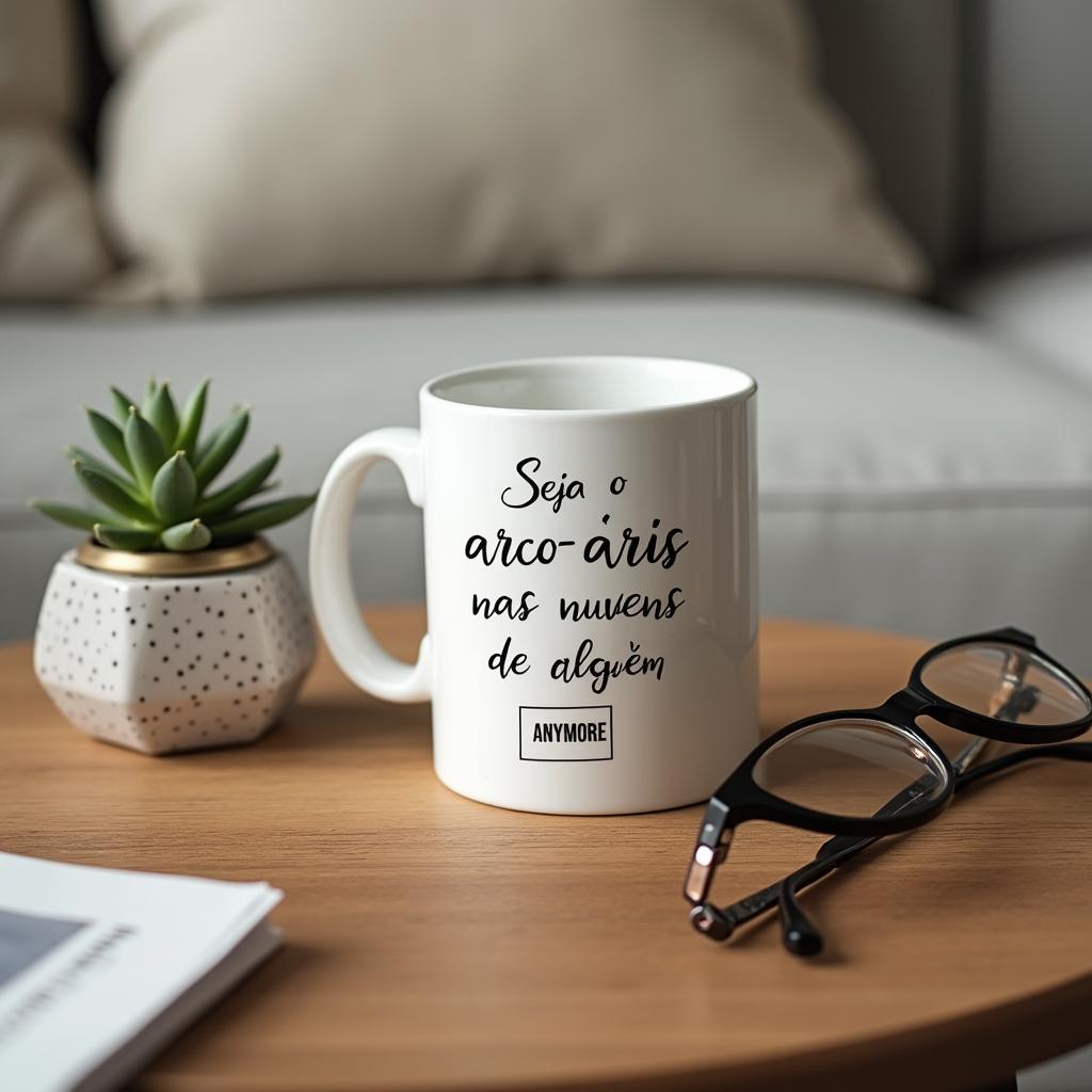 A beautifully styled image of a white mug on a sleek wooden table, featuring the phrase 'Seja o arco-íris nas nuvens de alguém' and 'ANYMORE' printed in elegant type