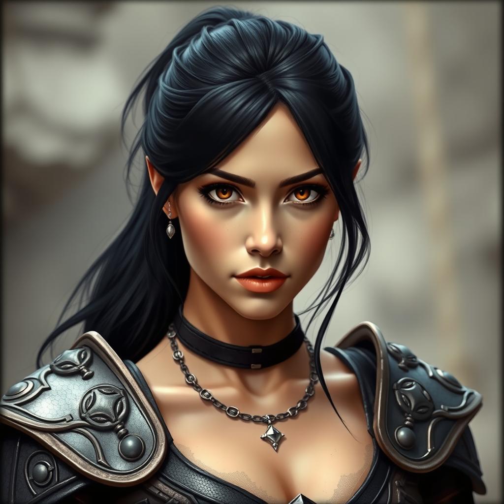 A captivating portrait of a woman with black hair styled in a ponytail, wearing intricate armor with shoulder pieces