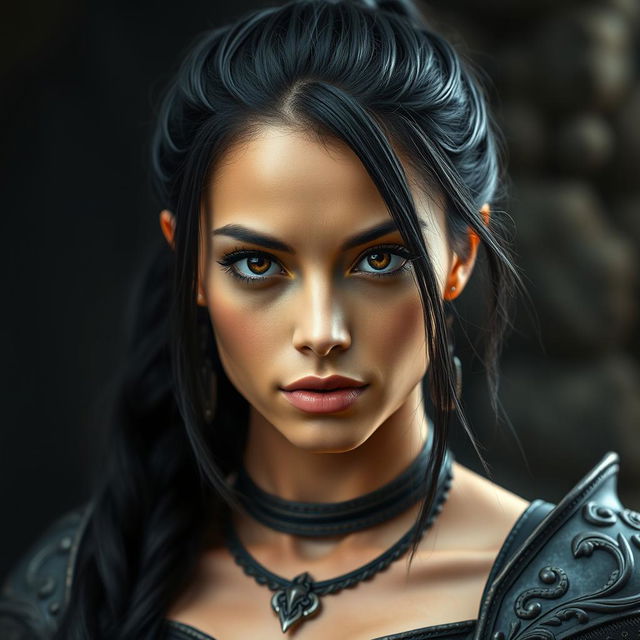 A captivating portrait of a woman with black hair styled in a ponytail, wearing intricate armor with shoulder pieces