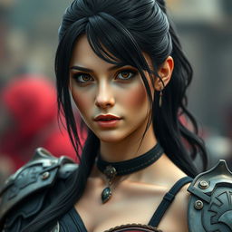 A captivating portrait of a woman with black hair styled in a ponytail, wearing intricate armor with shoulder pieces