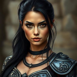 A captivating portrait of a woman with black hair styled in a ponytail, wearing intricate armor with shoulder pieces