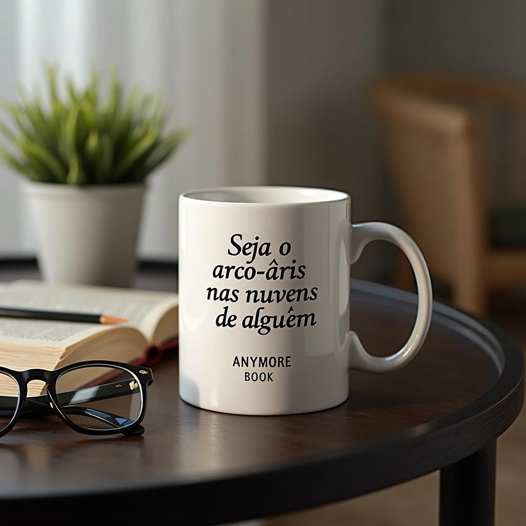 A merchandising setup featuring a white mug with the phrase 'Seja o arco-íris nas nuvens de alguém' and 'ANYMORE BOOK' printed in elegant font