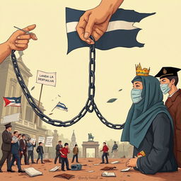 A conceptual illustration depicting the theme of "Las Mentiras del Feminismo y la Ideología de Género en Uruguay," showing the transition from minority rights to a disguised dictatorship