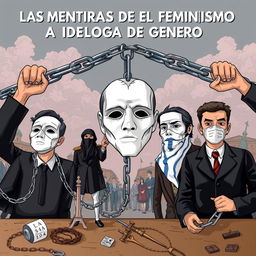 A conceptual illustration depicting the theme of "Las Mentiras del Feminismo y la Ideología de Género en Uruguay," showing the transition from minority rights to a disguised dictatorship