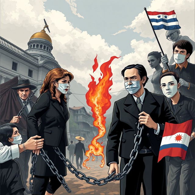 A conceptual illustration depicting the theme of "Las Mentiras del Feminismo y la Ideología de Género en Uruguay," showing the transition from minority rights to a disguised dictatorship