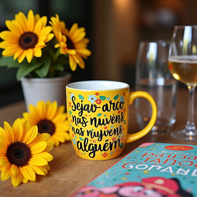 A vibrant merchandising display featuring a colorful mug on a table with the phrase 'Seja o arco-íris nas nuvens de alguém' in beautiful lettering, along with the words 'ANYMORE BOOK'