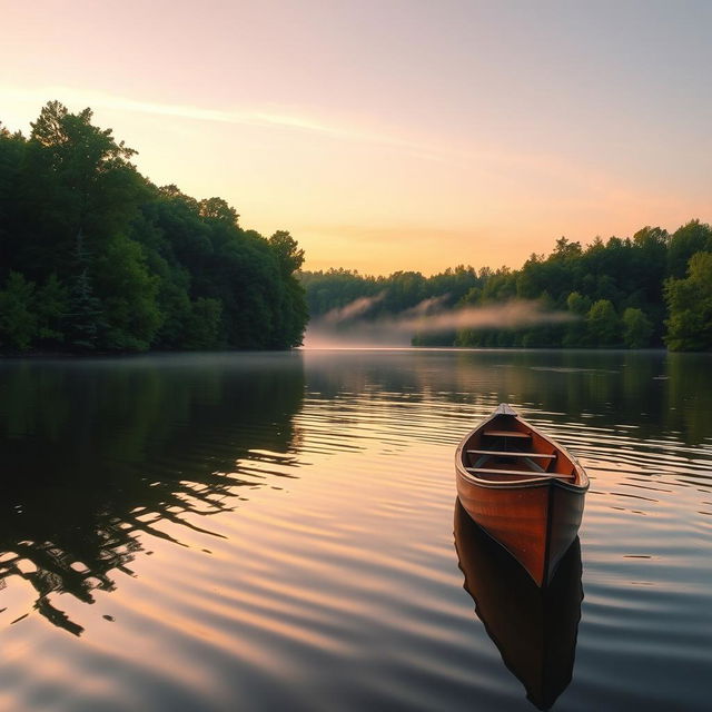 A tranquil scene of a serene lake surrounded by lush, verdant forest during a golden sunset