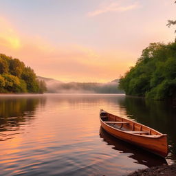 A tranquil scene of a serene lake surrounded by lush, verdant forest during a golden sunset