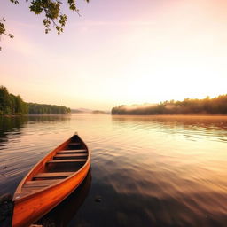 A tranquil scene of a serene lake surrounded by lush, verdant forest during a golden sunset