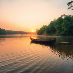 A tranquil scene of a serene lake surrounded by lush, verdant forest during a golden sunset