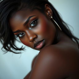 A beautiful black woman, confident and alluring, captured in a sensual and tasteful way