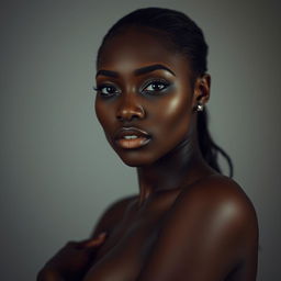 A beautiful black woman, confident and alluring, captured in a sensual and tasteful way