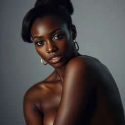 A beautiful black woman, confident and alluring, captured in a sensual and tasteful way