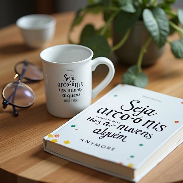 A beautifully designed merchandising setup featuring a white mug with the phrase "Seja o arco-íris nas nuvens de alguém" in elegant letters