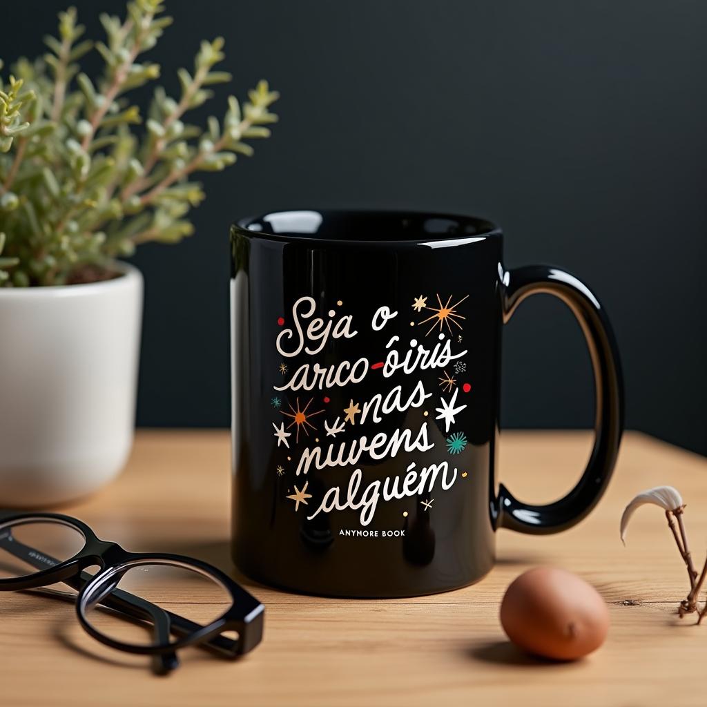 A sleek black mug showcased on a modern wooden table, featuring the inspirational phrase 'Seja o arco-íris nas nuvens de alguém' and 'ANYMORE BOOK' in elegant, beautiful white lettering