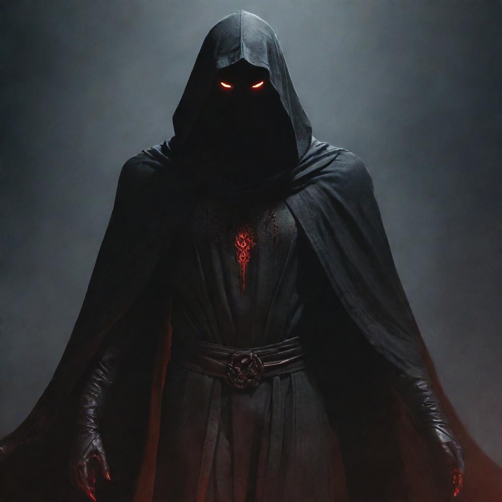 A towering figure cloaked in shadowy robes and a cowl, red eyes emitting a sinister glow. Crimson drops of blood levitate around him, accentuating the sense of dread.