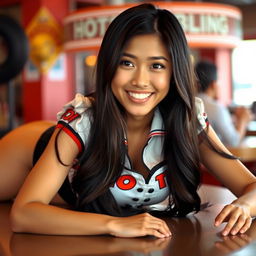 A beautiful 18-year-old Asian woman with straight white teeth is smiling while laying across a table with her long hair cascading down