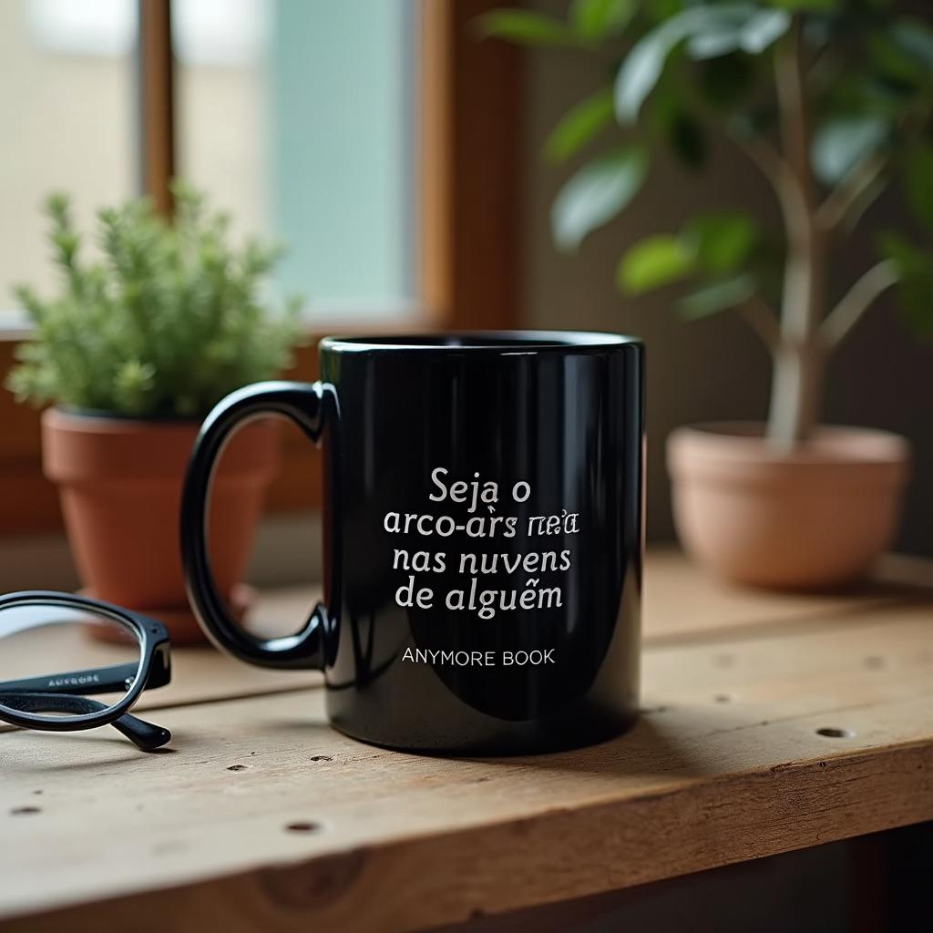 A merchandising setup featuring a black mug with the phrases 'Seja o arco-íris nas nuvens de alguém' and 'ANYMORE BOOK' elegantly printed in white font