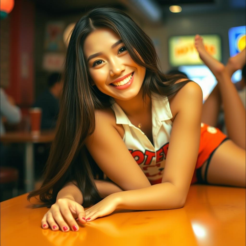 A beautiful 20-year-old Asian woman with straight white teeth is smiling while laying across a table with her long hair cascading down