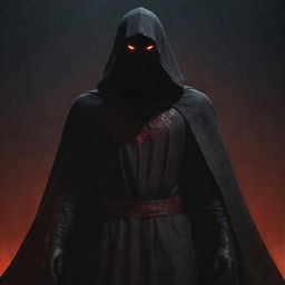 A towering figure cloaked in shadowy robes and a cowl, red eyes emitting a sinister glow. Crimson drops of blood levitate around him, accentuating the sense of dread.