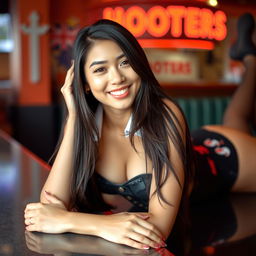 A beautiful 20-year-old Asian woman with straight white teeth is smiling while laying across a table with her long hair cascading down