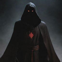 A towering figure cloaked in shadowy robes and a cowl, red eyes emitting a sinister glow. Crimson drops of blood levitate around him, accentuating the sense of dread.