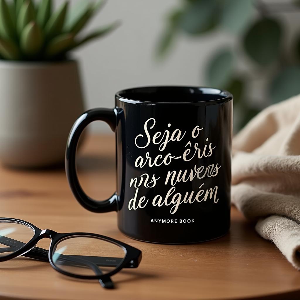 A black mug with beautiful white lettering displaying the phrases 'Seja o arco-íris nas nuvens de alguém' and 'ANYMORE BOOK'