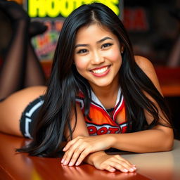 A beautiful 24-year-old Asian woman with straight white teeth is smiling while laying across a table with her long hair cascading down