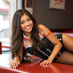 A beautiful 24-year-old Asian woman with straight white teeth is smiling while laying across a table with her long hair cascading down