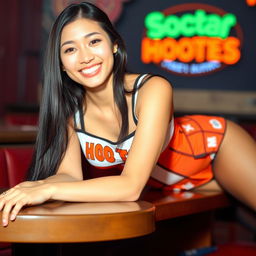 A beautiful 24-year-old Asian woman with straight white teeth is smiling while laying across a table with her long hair cascading down