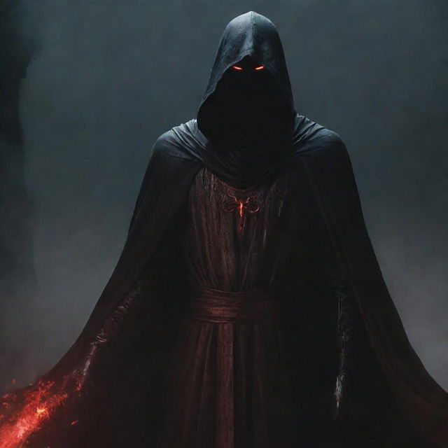 A towering figure cloaked in shadowy robes and a cowl, red eyes emitting a sinister glow. Crimson drops of blood levitate around him, accentuating the sense of dread.